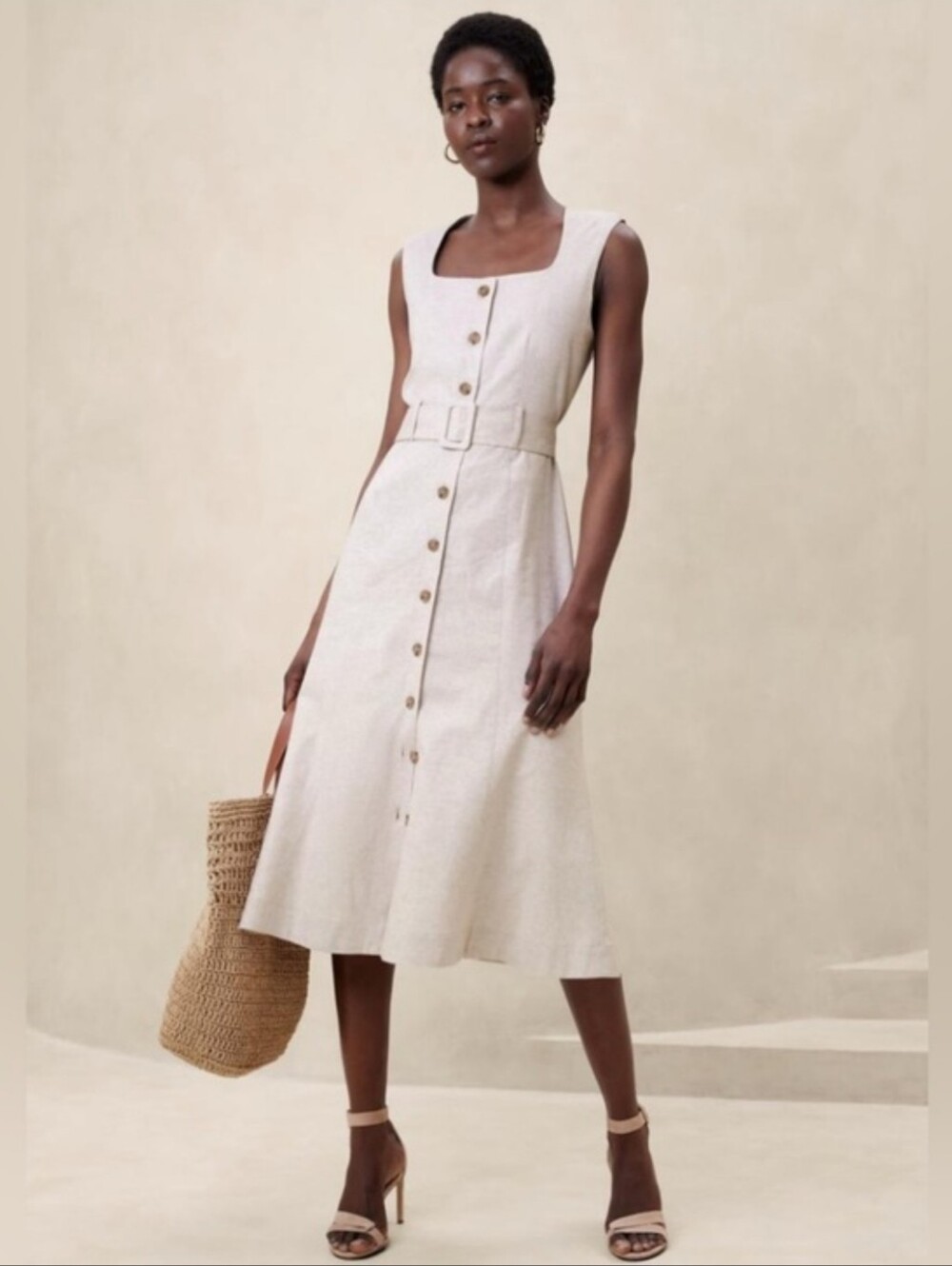 Banana Republic Factory Linen Blend Button Front Midi Dress Square Neck 8